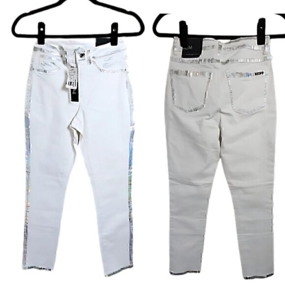 🆕️ Joseph Ribkoff White Slim fit Distressed Metallic Tuxedo Stripe Jeans - Picture 2 of 16
